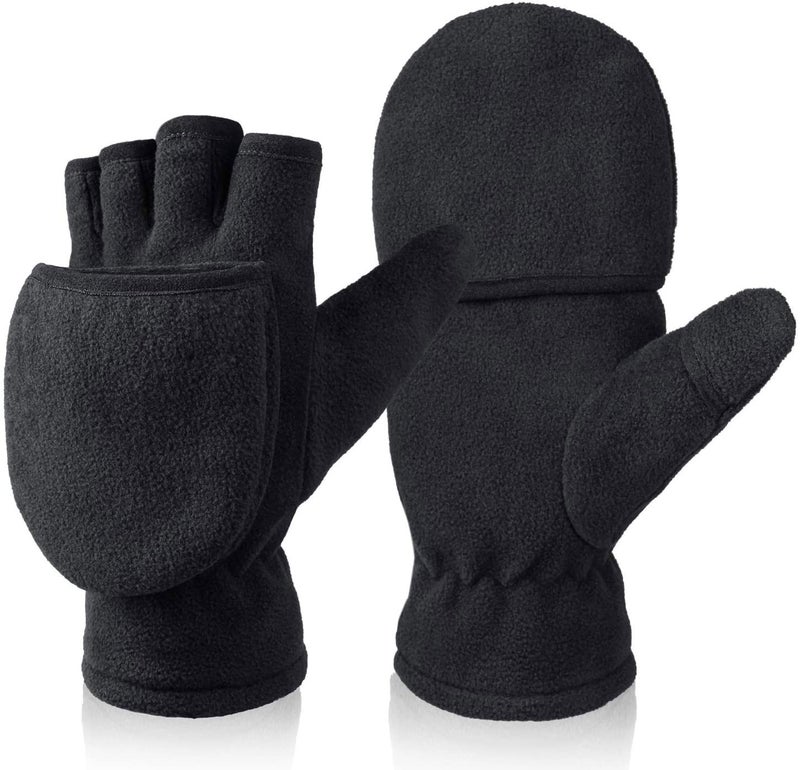 BESSTEVEN Winter Fingerless Gloves Convertible Mittens with Flip Top Thermal Fleece for Running Walking Photographing Painting Typing - Black Small - Image 1